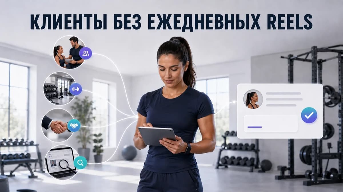 Фитнес-тренер с планшетом и источники привлечения клиентов без ежедневных Reels