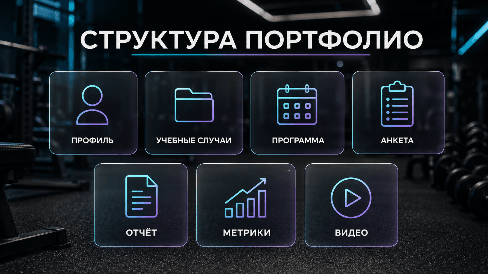 Структура портфолио начинающего фитнес-тренера: профиль, учебные случаи, программа, анкета, отчёт, метрики и видео