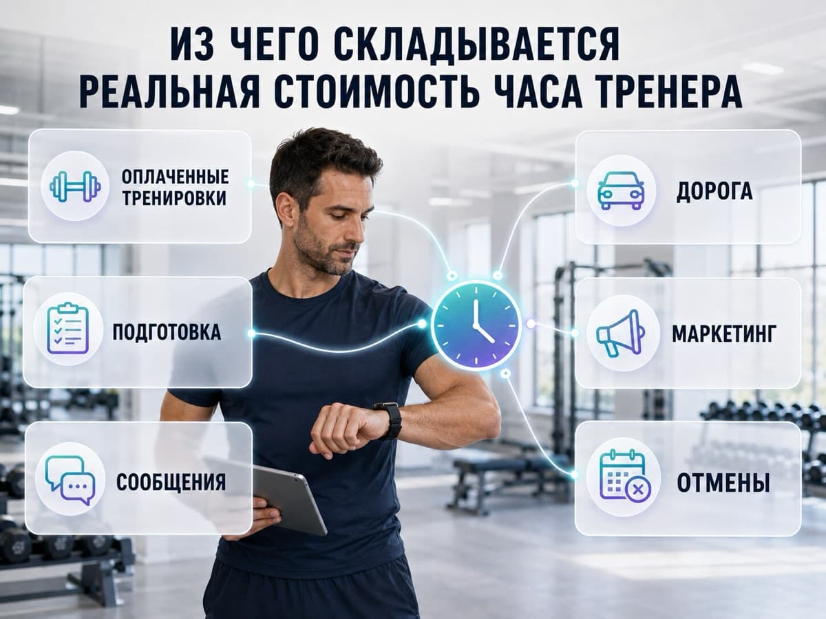Из чего складывается реальная стоимость часа фитнес-тренера: тренировки, подготовка, сообщения, дорога, маркетинг и отмены