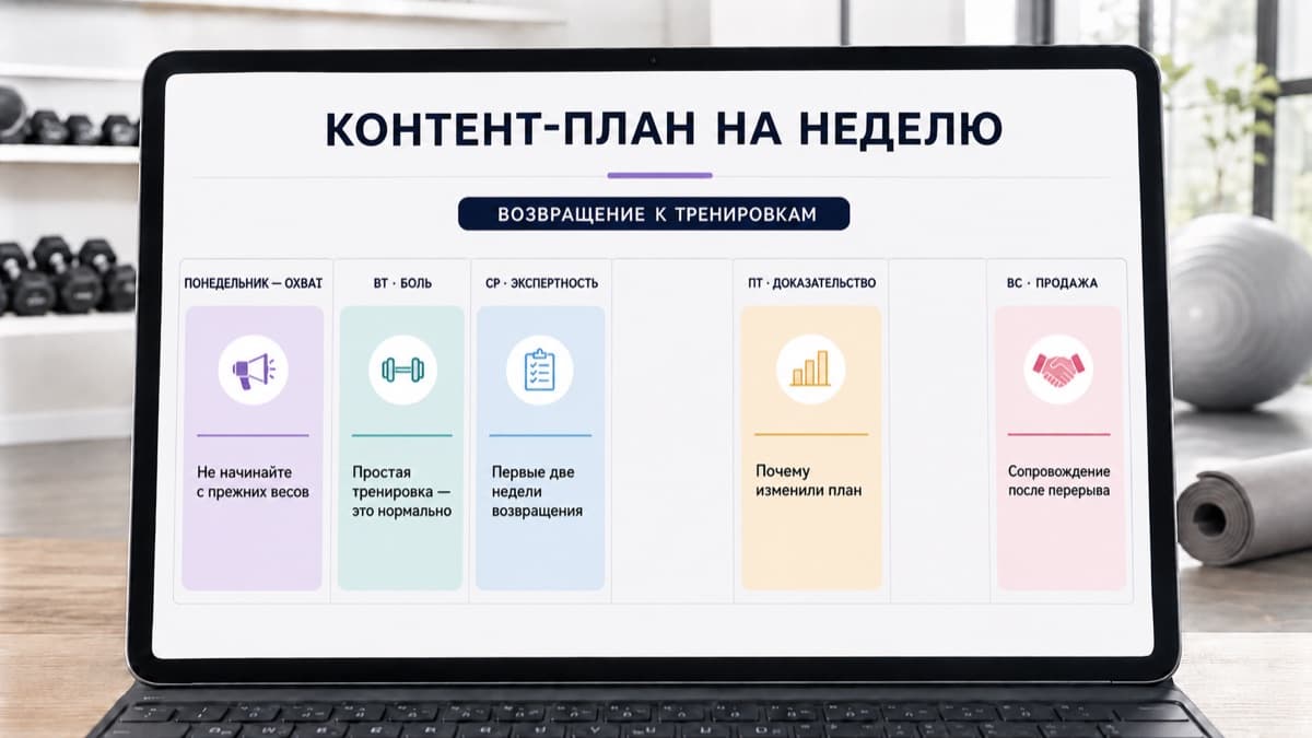 Контент-план на неделю о возвращении к тренировкам: охват, боль, экспертность, доказательство и продажа